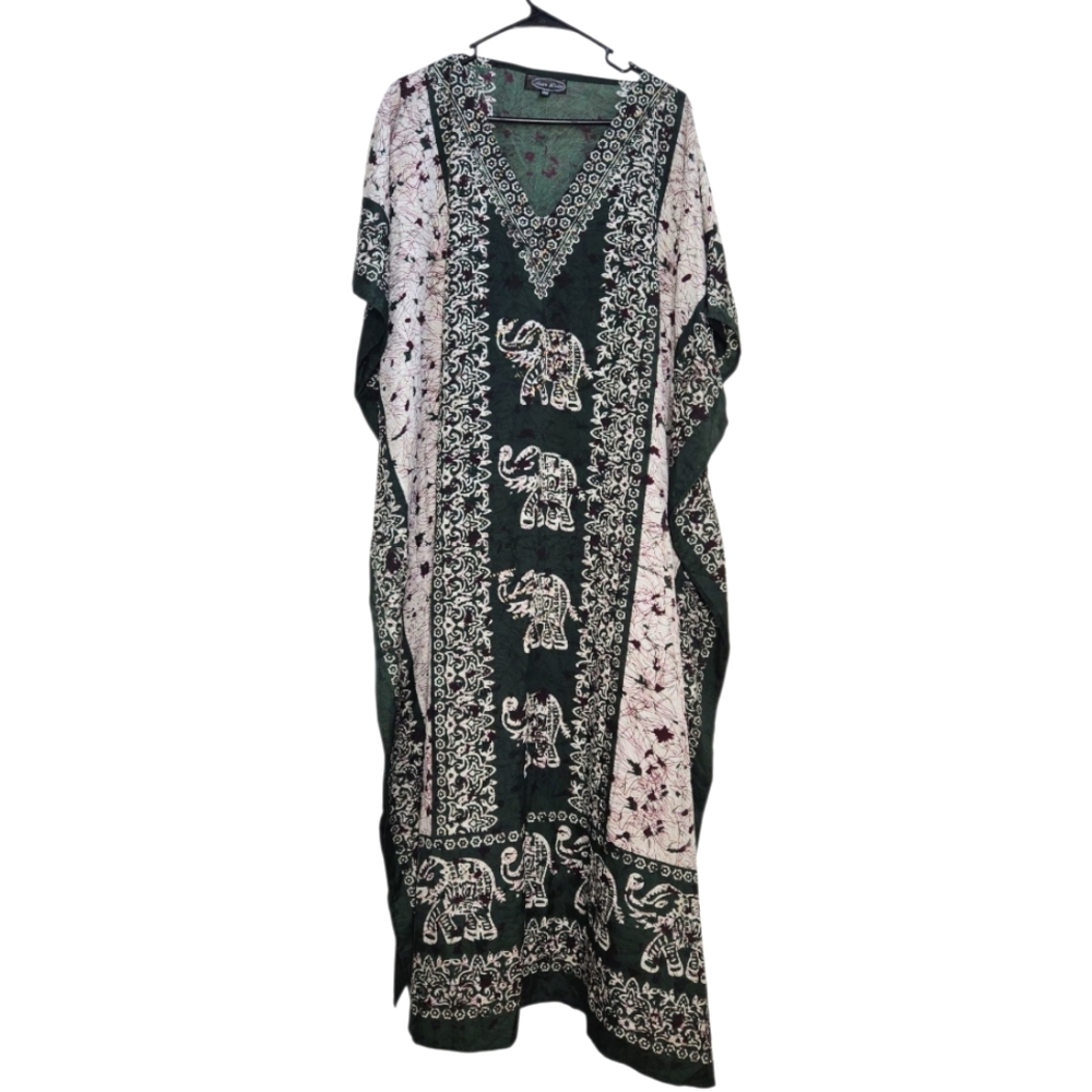 Green and White Elephant Print Kaftan With gold details